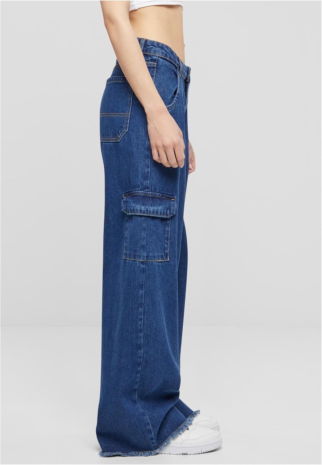 Urban Classics Ladies Mid Waist Cargo Denim Pants Frauen Cargohose schwarz Basics 26 Mid Indigo Wash