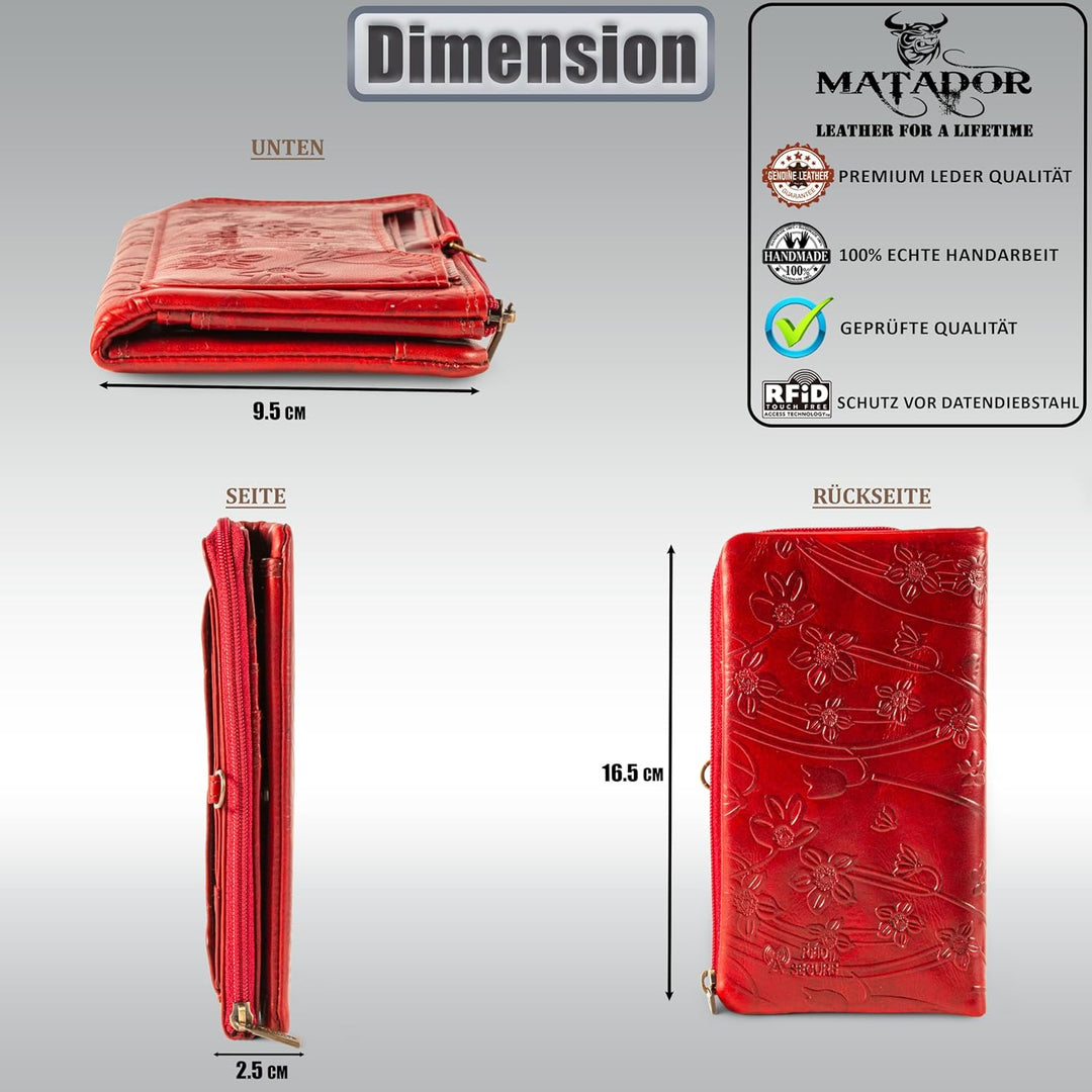 MATADOR Damen Geldbörse Echt Leder Gross 11 Kartenfächer - TÜV geprüfter RFID &amp; NFC Schutz - Handgef