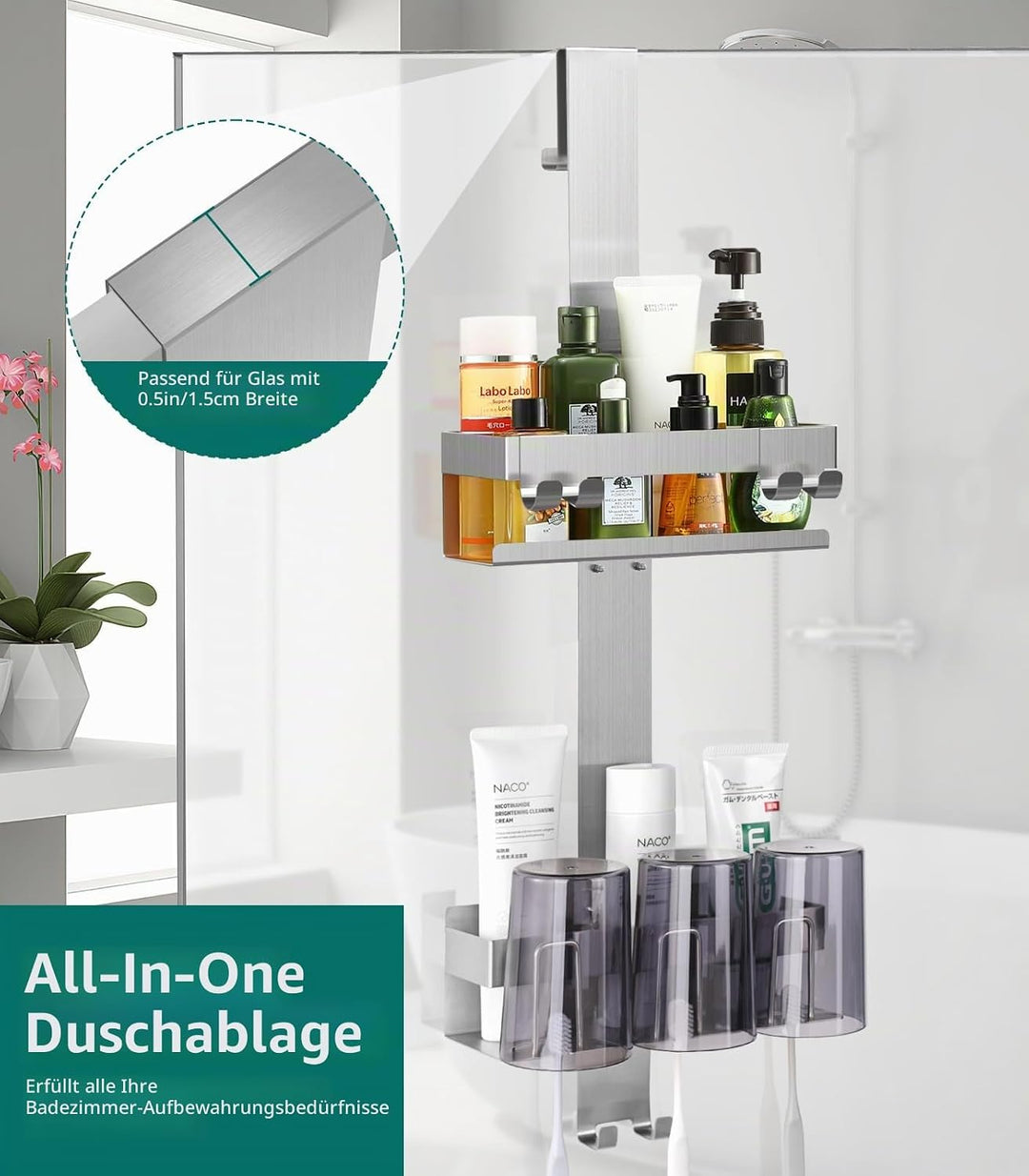 Emibele Duschablage ohne Bohren, Edelstahl Badezimmer Organizer mit 2 Körben &amp; 8 Haken, Duschregal o