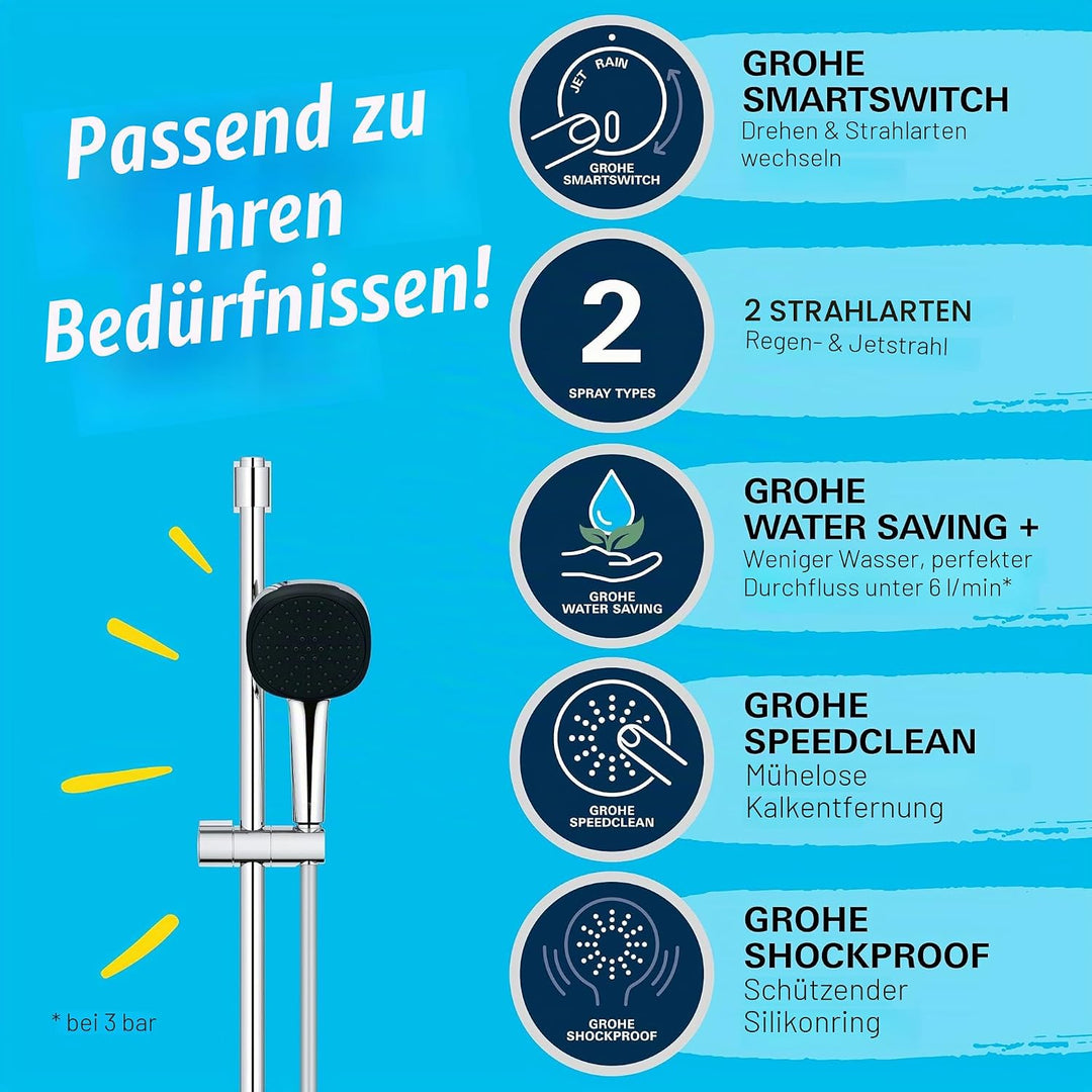 Grohe Vitalio 110 extra wassersparend-6l pro Min (2 Strahlarten, Brausestange 90cm, Kleben oder Bohr