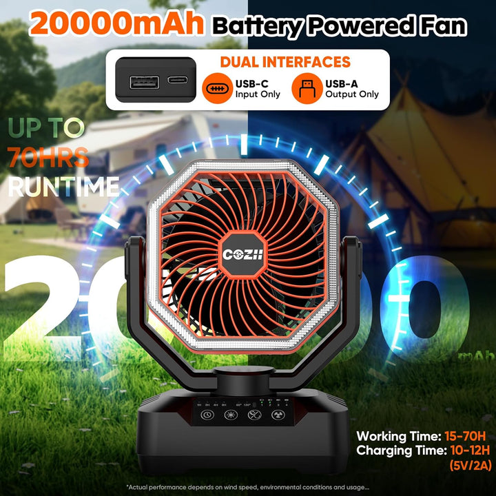 COZII Camping Ventilator 20000mAh, USB Ventilator Akku Tischventilator Oszillierend mit LED Licht, F