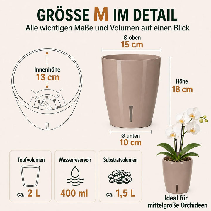 Santino 4er-Set Orchideentopf D 15cm Selbstbewässernder Topf mit Dochtsystem und Wasserstandsanzeige