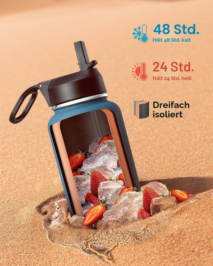 Coolflask Isolierte Wasserflasche 1L, Edelstahl Isolierte Wasserflasche mit Strohhalm & 3 Deckeln, D