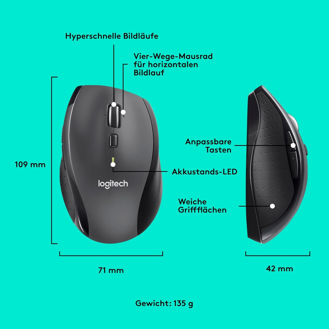 Logitech M705 Marathon Kabellose Maus, 2,4 GHz mit USB-Unifying-Empfänger, 1000 DPI, 5 programmierba