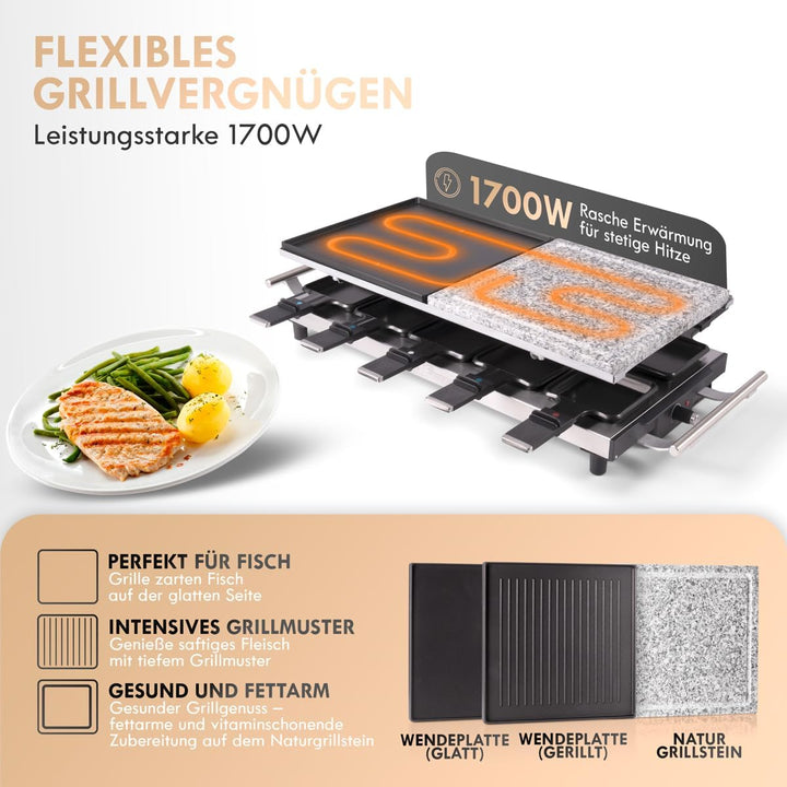 ProfiCook PC-RG 1144 Raclette/Tischgrill mit Naturgrillstein und Wendegussplatte, 10 Pfännchen, 10 H