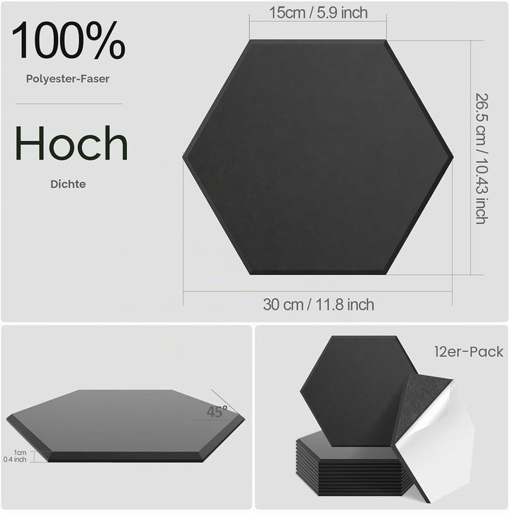 JBER 12 Pack Sechseck-Akustik-Paneele, Schallschutzschaum selbstklebend, 30 X 26 X 1cm High-Density-
