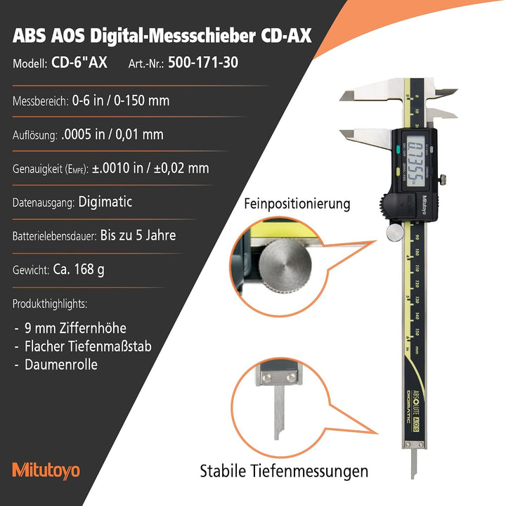 Mitutoyo MIT500-171-30 Absolute Digimatic Messschieber, 0–150 mm
