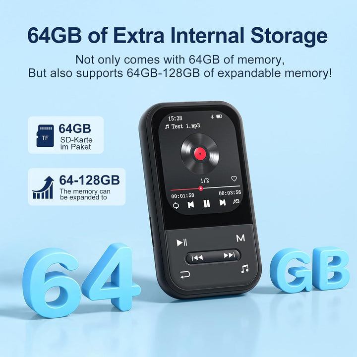 64GB MP3 Player - Clip MP3 Player mit Bluetooth 5.3, tragbarer Musikplayer mit FM-Radio, Sprachaufne