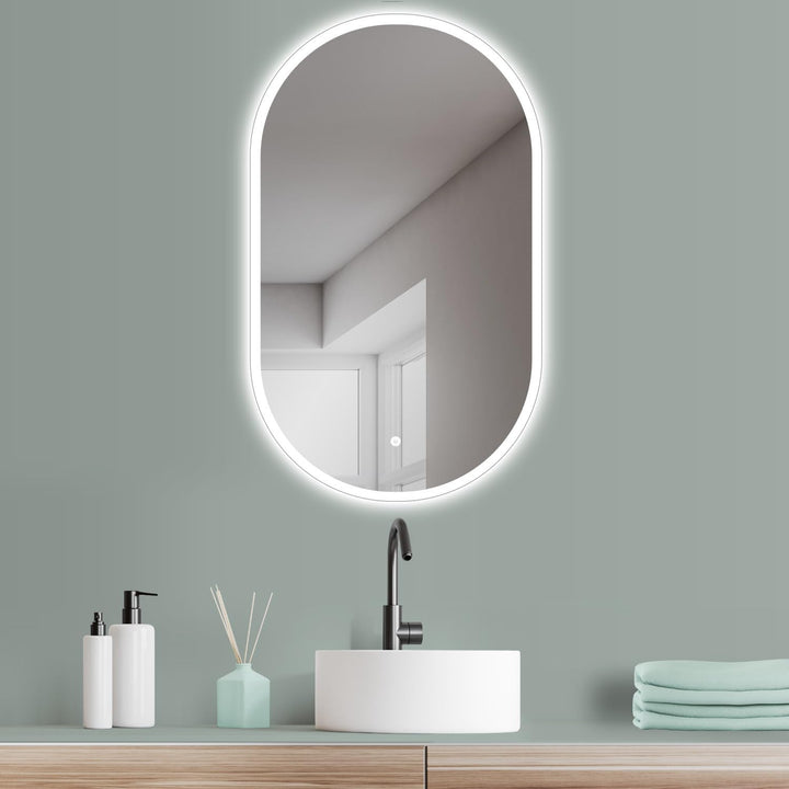 HOKO® LED Design Spiegel oval 45 x 75 cm. HOCH + QUER Montage möglich. Badspiegel LED beleuchtet, au