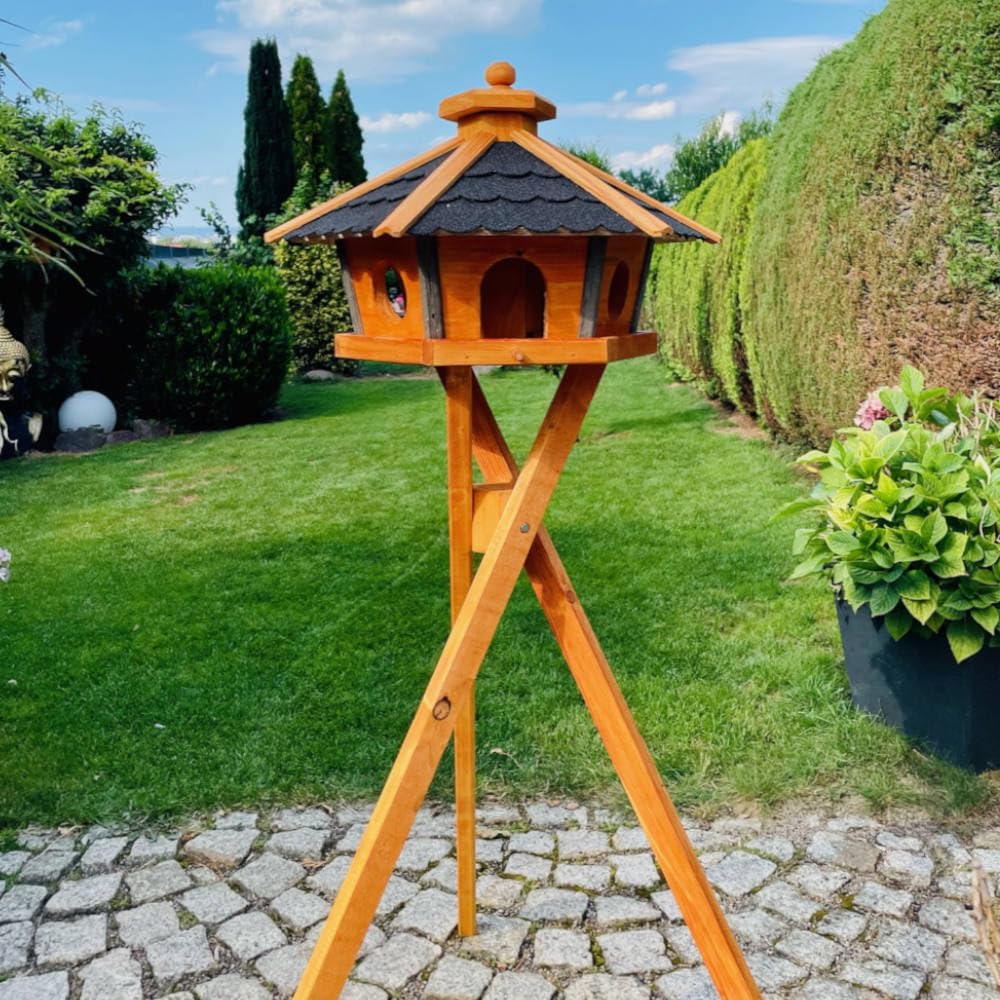 Vogel Futter Haus L oder XL Sechseck Holz Vogelhaus Futterstelle Braun/Blau, Rot, Schwarz und Grün (
