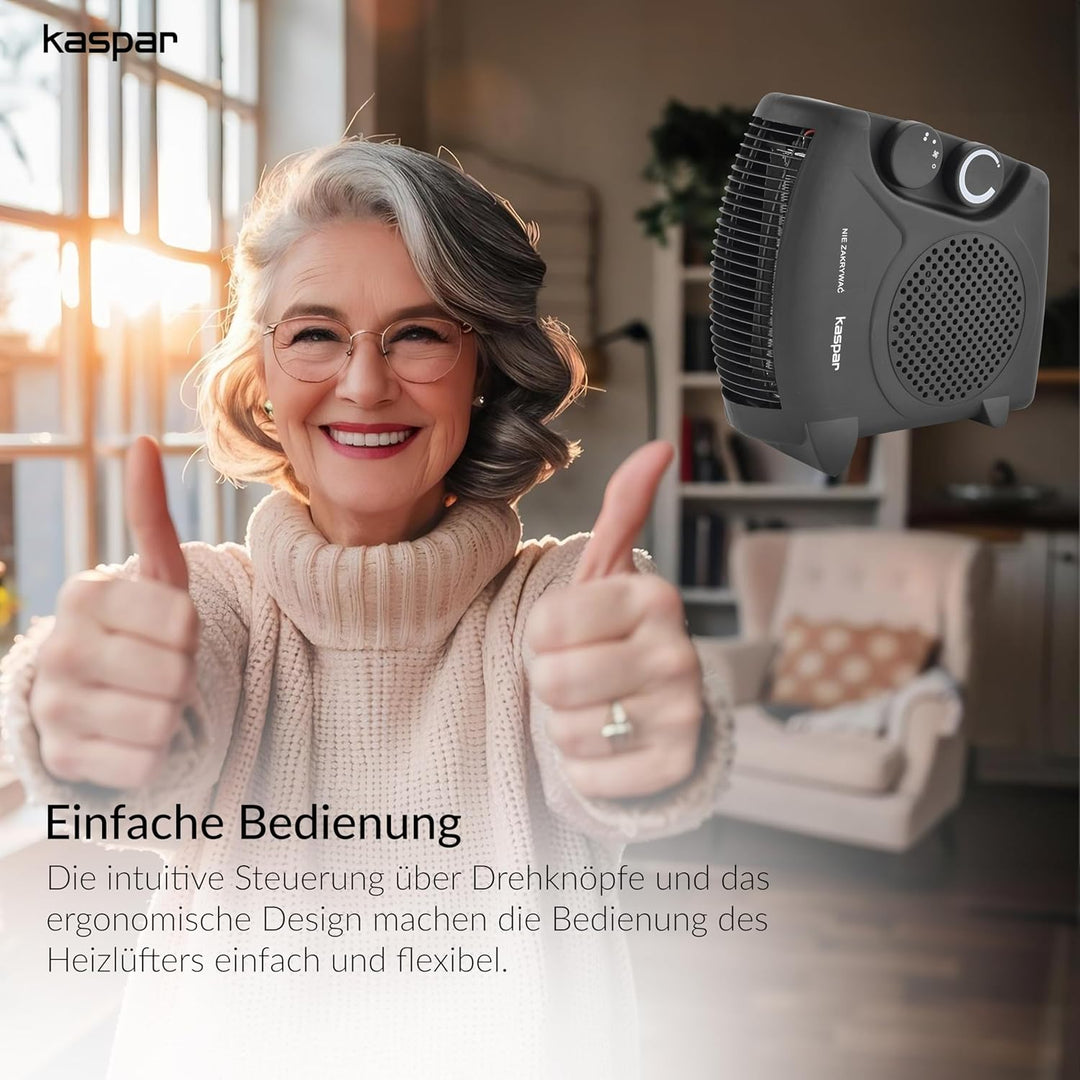 KASPAR Heizlüfter Klein Kompakt Thermoventilator Elektroheizer 1000 W 2000 W Mit Ventilatorfunktion