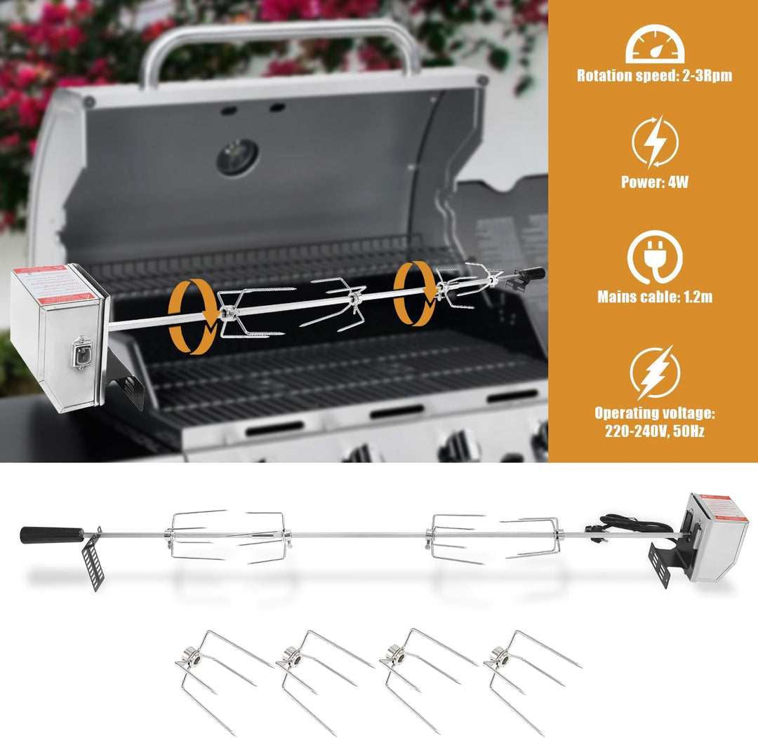 Grillspiess Set, Drehspiess mit 4X Fleischnadeln, 117cm Grillspiess mit Edelstahl Motor 220V - 240V,