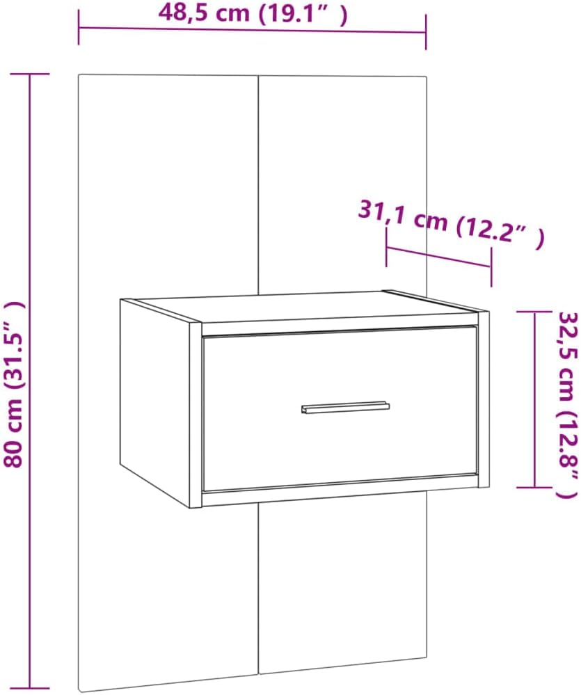 WIFESE Wand-Nachttisch Braun Eichen-Optik Holzwerkstoff 48,5x32,5x80 cm Nachtschrank Nachtkästchen B