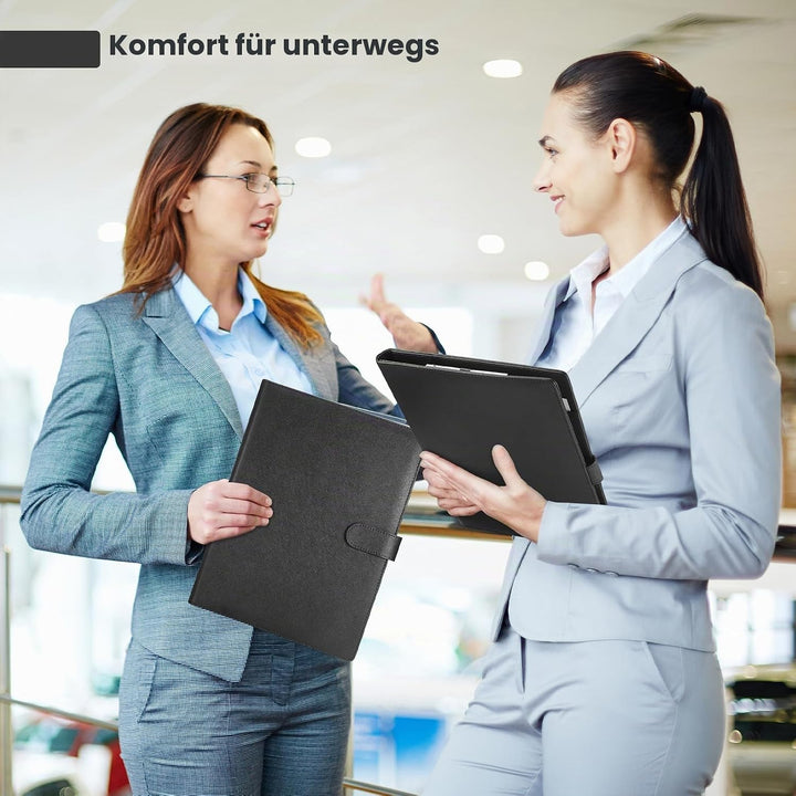 Schreibmappe A4 in Schwarz, Konferenzmappe aus PU-Leder, Klemmbrettmappe mit Dokumentenfächern, Stif