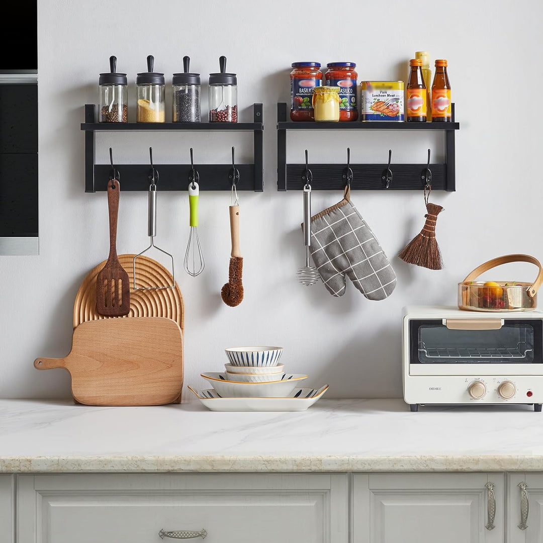 YMYNY Wandgarderoben mit Ablage, 2er Set Wandregal in einem Paket, Garderobenhaken mit 8 Doppelhaken