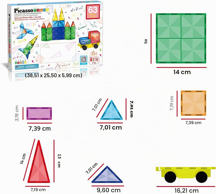 PicassoTiles Magnetische Bausteine in Diamantform, 63 Stück – Fliesenblöcke mit Auto und LKW – Set d