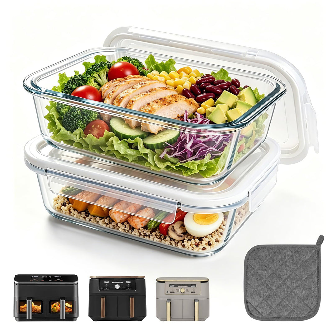 2 Stück Glas Auflaufform Airfryer mit Deckel &amp; Topflappen, Hitzebeständig, Kratzfest &amp; Spülmaschinen