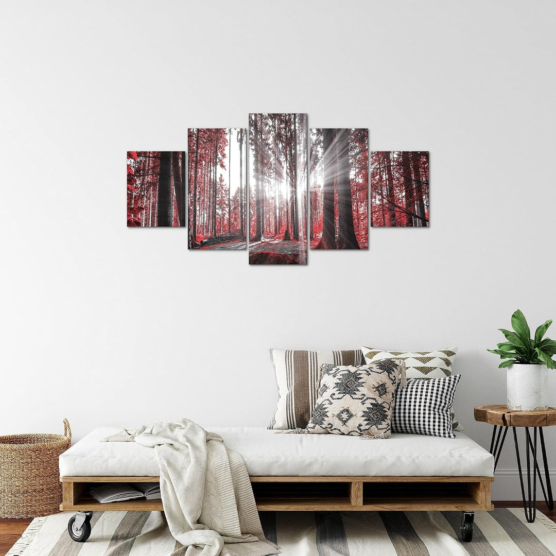 Runa Art Bild Schlafzimmer Wohnzimmer Wald Landschaft 5 Teilig Sonne Rot Wandbilder auf Vlies Leinwa