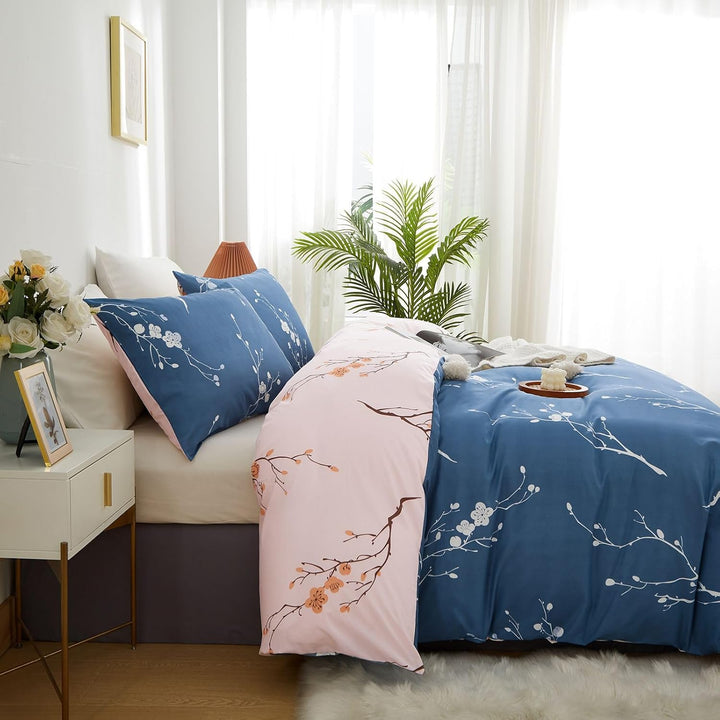 Tospass Bettwäsche 200x220 cm 3 Teilig Blumen Marineblau Rosa Modern Floral Bettwäsche Set Mädchen B