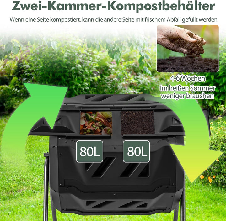 GOPLUS Trommelkomposter, 160L Tumbling Komposter mit 2 Kammern, 2 Schiebetüren, Metallrahmen & 16 Lü
