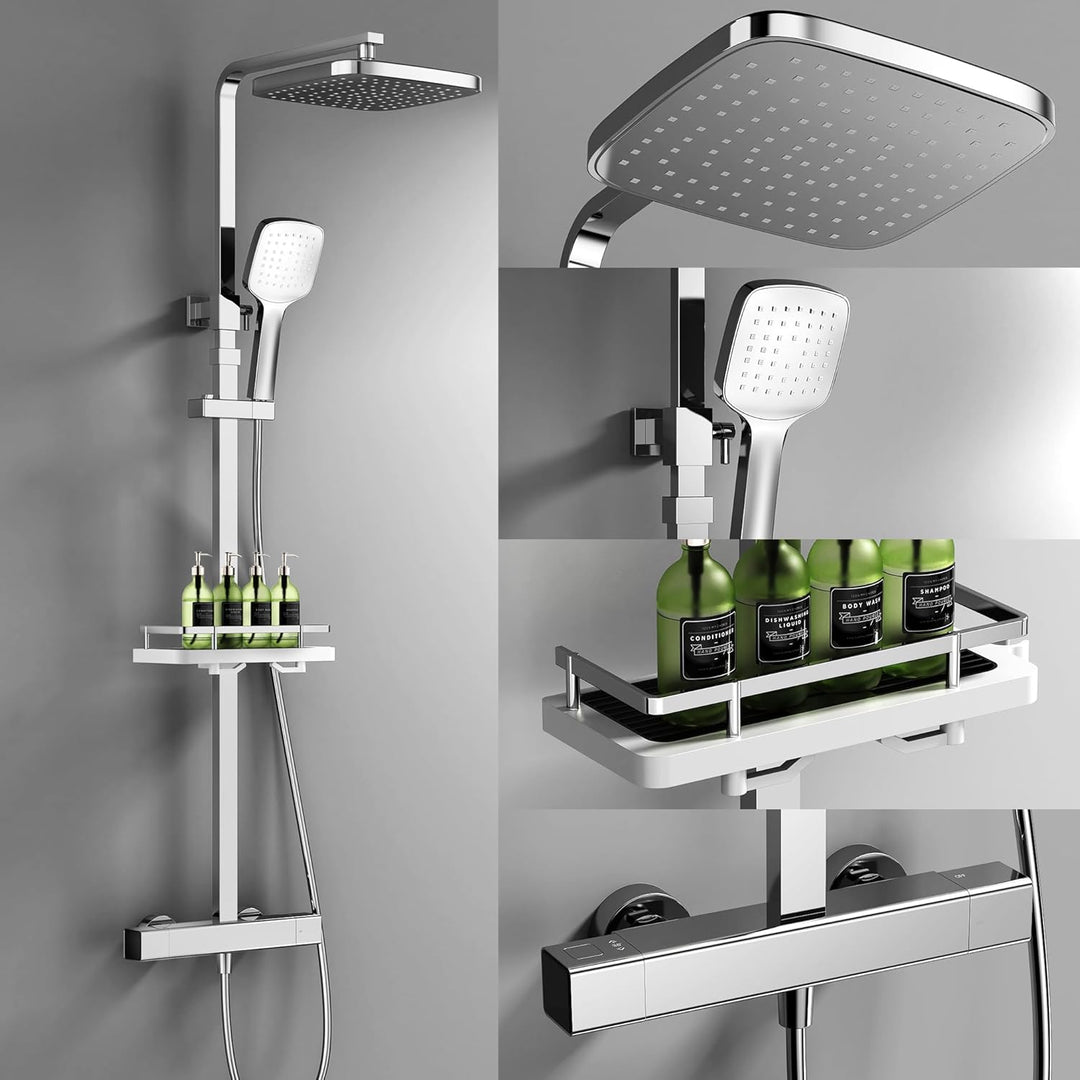 HOMELODY Duschsystem mit Thermostat & Duschablage Chrom - Duscharmatur Komplettset mit Handbrause &