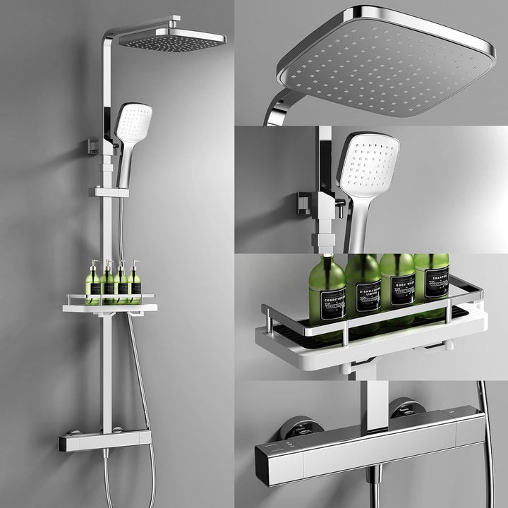 HOMELODY Duschsystem mit Thermostat & Duschablage Chrom - Duscharmatur Komplettset mit Handbrause &