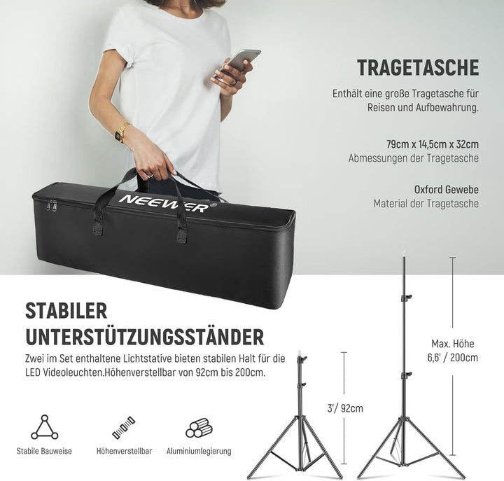 NEEWER 2X Verbesserte 660 PRO II 50W RGB LED Videoleuchte Panel Set Stative Ständer mit App Steuerun