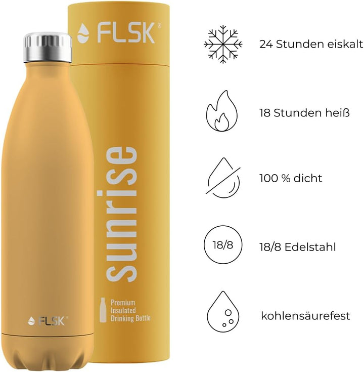 FLSK Trinkflasche – Premium Edelstahl Thermosflasche – 100% auslaufsicher & kohlensäuregeeignet – hä