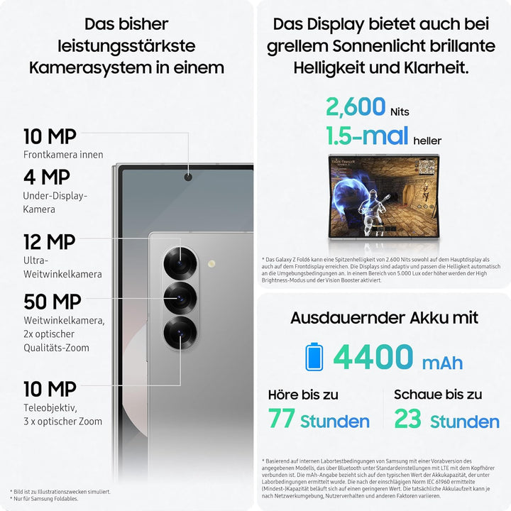 Samsung Galaxy Z Fold6 AI-Smartphone, Simlockfreies Handy ohne Vertrag, 256 GB Speicher, Lange Akkul