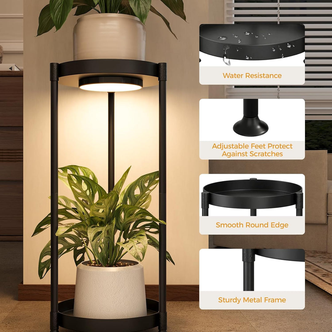 Bamworld Pflanzenständer Metall Schwarz mit LED-Wachstumslicht, 2 Ebenen Blumenhocker Modern, Indoor