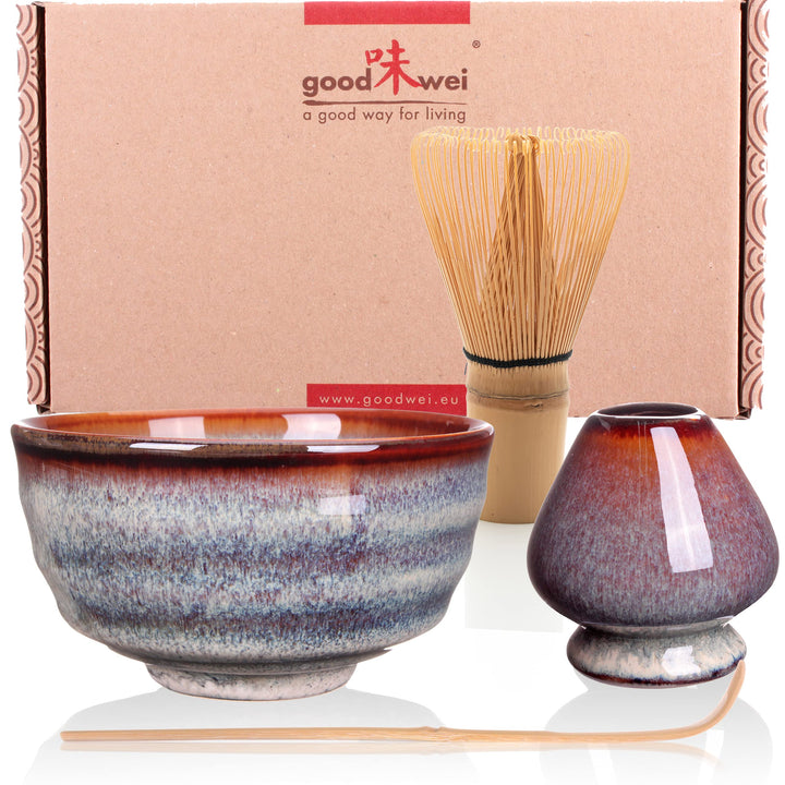 Goodwei Matcha Set mit Matcha Schale und Besenhalter aus Keramik, Matchabesen und Bambuslöffel | Ges