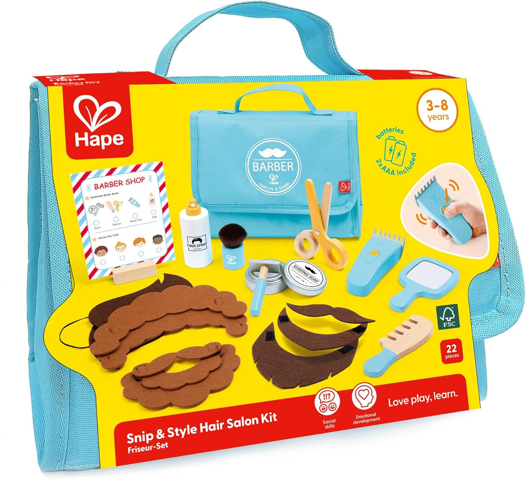 Hape Friseur-Set - Friseur Spielzeug & Rollenspielset, mit realistischem Friseurzubehör, Filzhaar un