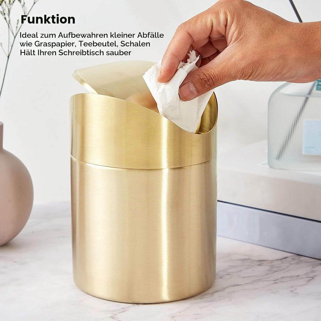 Mini Mülleimer, 16.58×12cm Edelstahl Mülleimer mit Schwing Deckel Gold Kleiner Desktop Abfallkorb fü