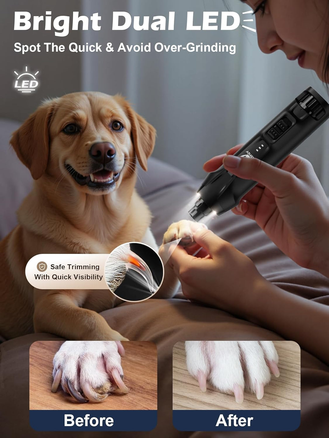 Casfuy 6-Gang-Hunde-Nagelschleifer - 50% Boosted Power Hund Nagelschneider Leise mit Dual-LED-Leucht