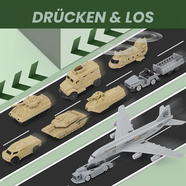 Militär Panzer LKW Spielzeug mit 13 Fahrzeugen, Hubschrauber Kampfjet Spielmatte Soldaten Figuren, G