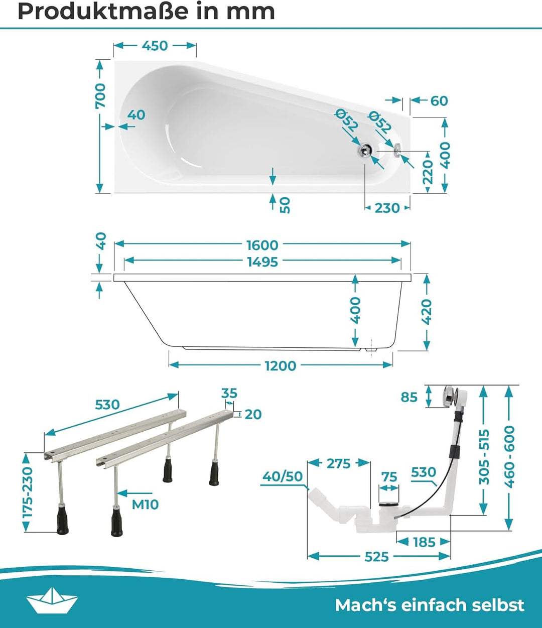 Calmwaters® Raumsparende Eckbadewanne 160x70 cm Essential Small, Made in EU, 3in1 Acryl-Badewanne mi
