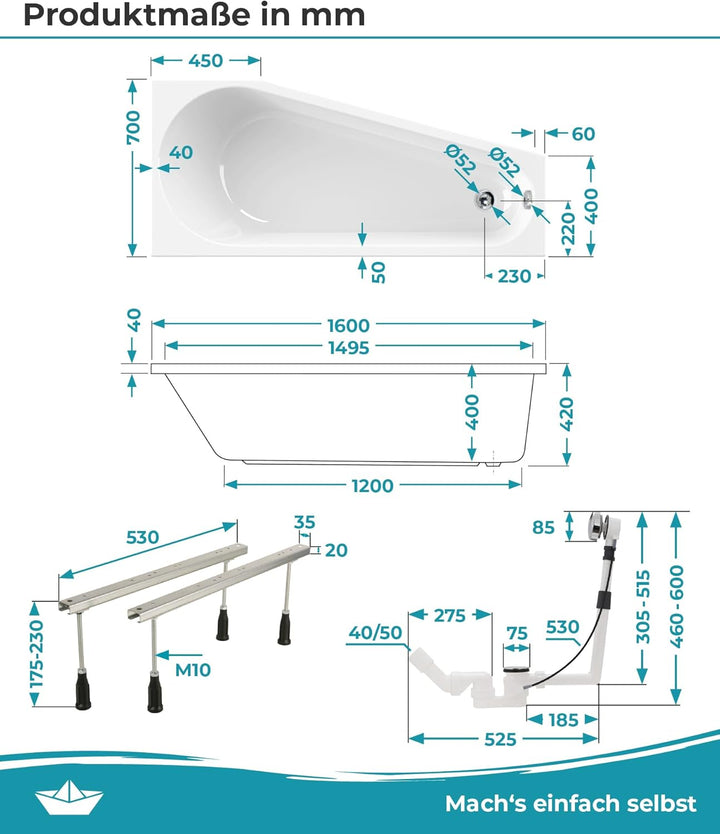 Calmwaters® Raumsparende Eckbadewanne 160x70 cm Essential Small, Made in EU, 3in1 Acryl-Badewanne mi