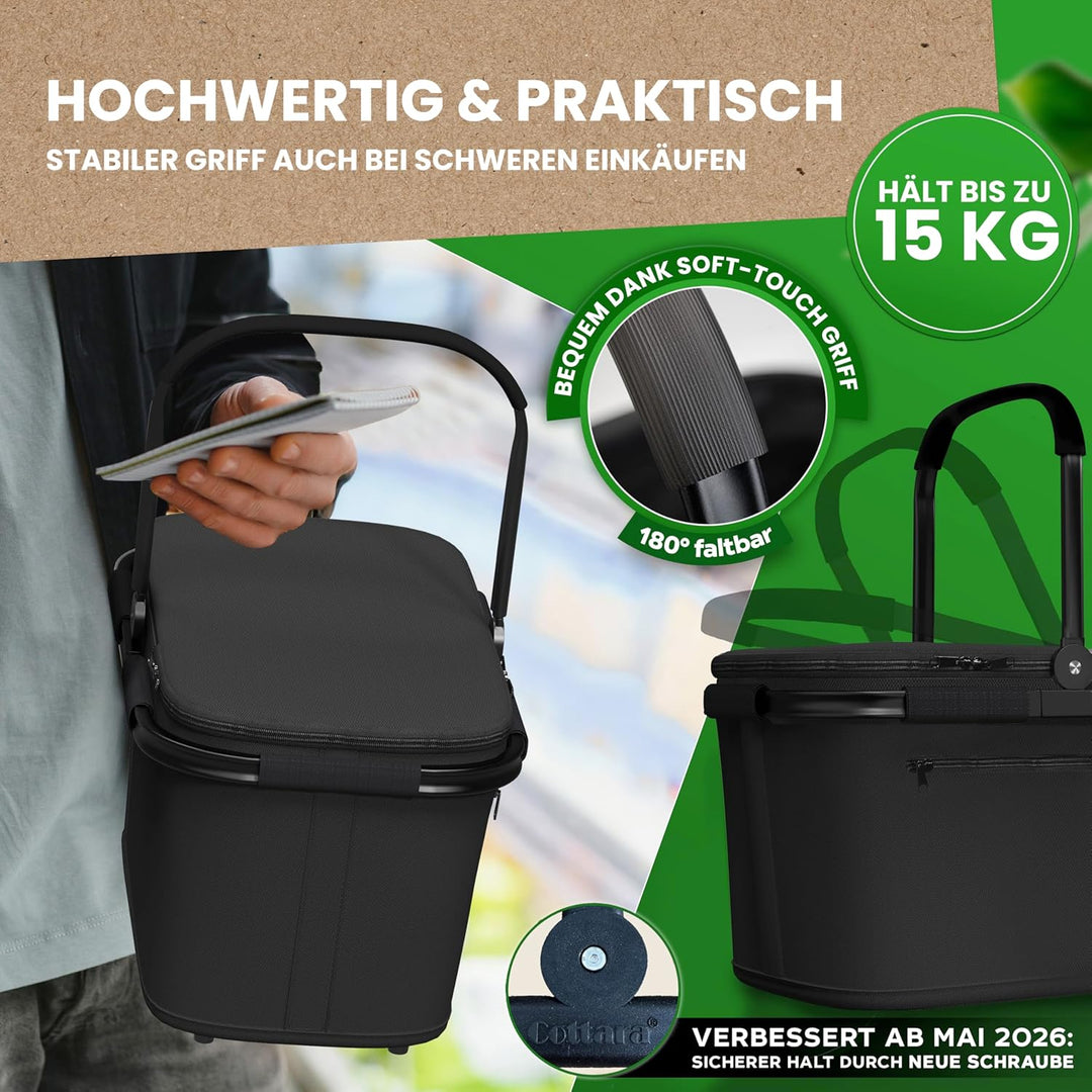 Thermo Einkaufskorb Kühltasche gross | isolierter Einkaufskorb mit Deckel, verstärktem Boden, Frontf