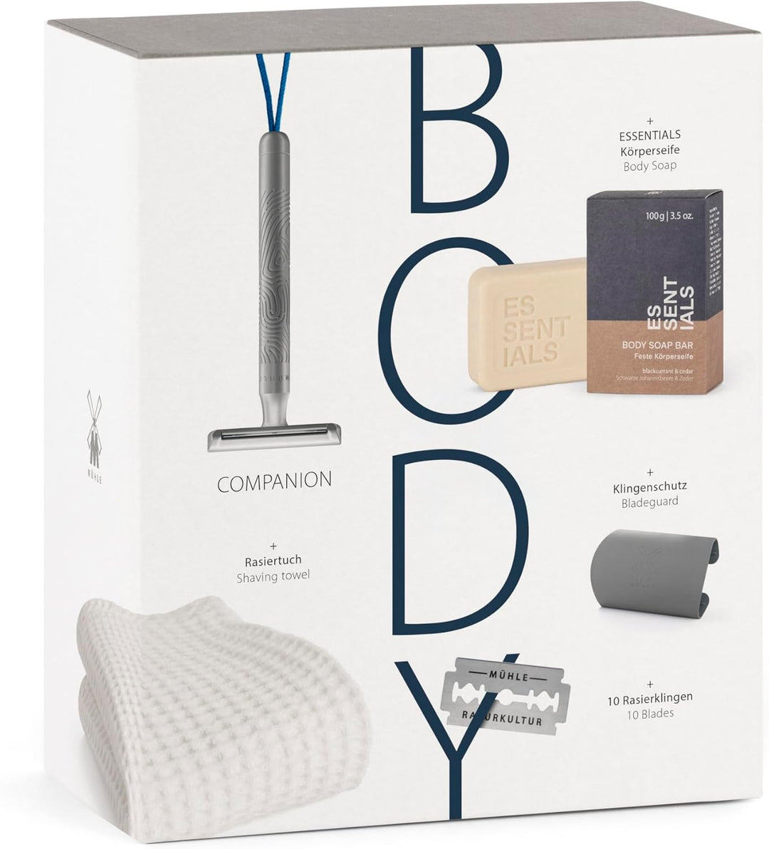 MÜHLE Body Geschenkset 14 tlg. - unisex Sicherheitsrasierer mit blauer Kordel, 10 Klingen, Körpersei