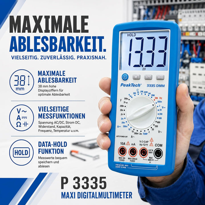 PeakTech Digitalmultimeter, 3 1/2 stellig Extra grosser LCD-Bildschirm - 2.000 Counts Single, Extra