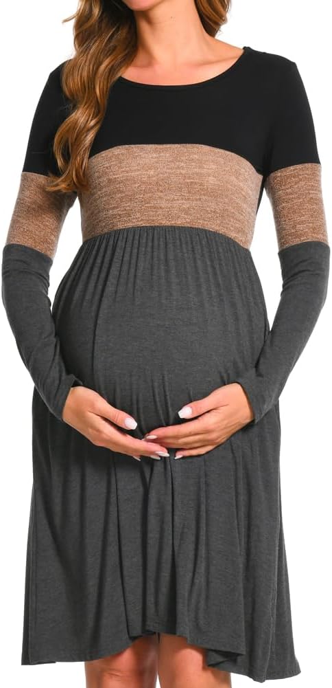 Bearsland Women’s Long Sleeve Maternity Dresses Patchwork Pregnancy Dress with Pocket L Brown, L Bro