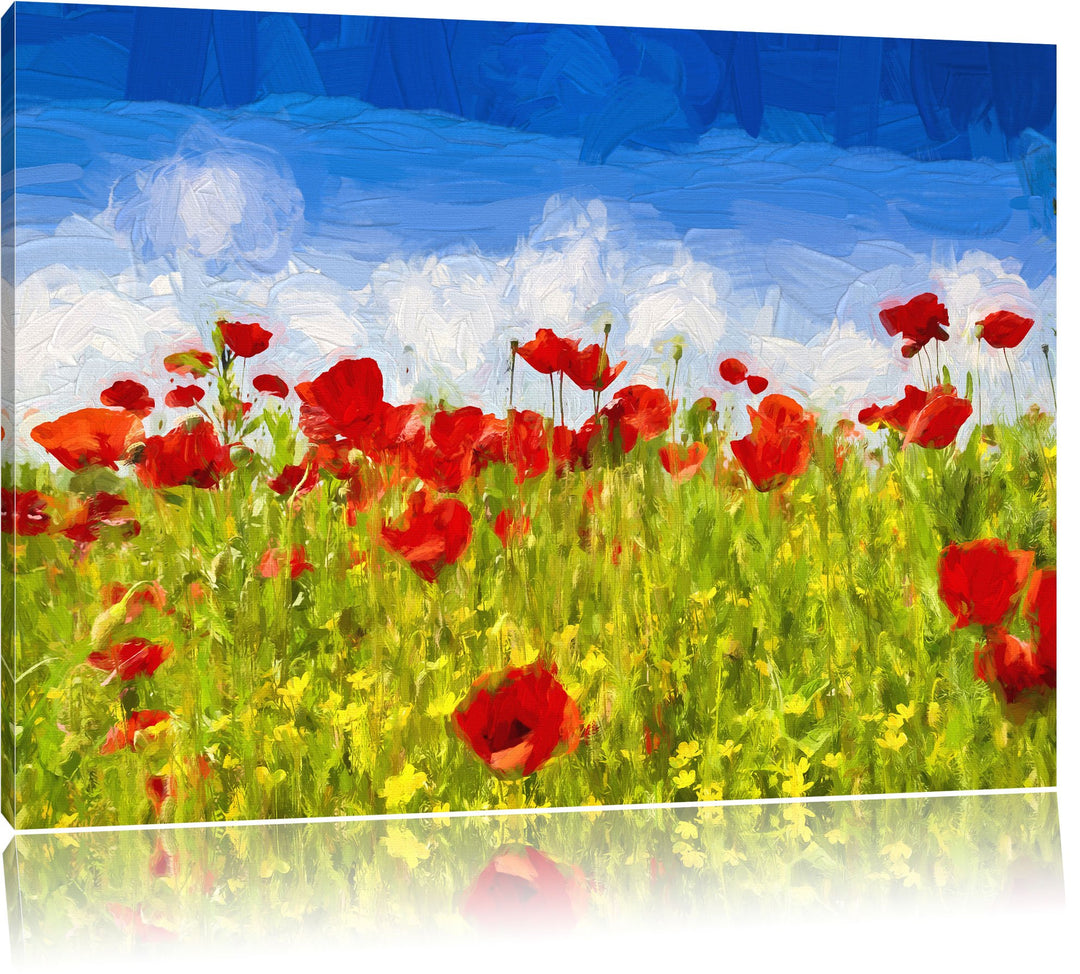 Mohnwiese Pinsel Effekt, Format: 100x70 auf Leinwand, XXL riesige Bilder fertig gerahmt mit Keilrahm