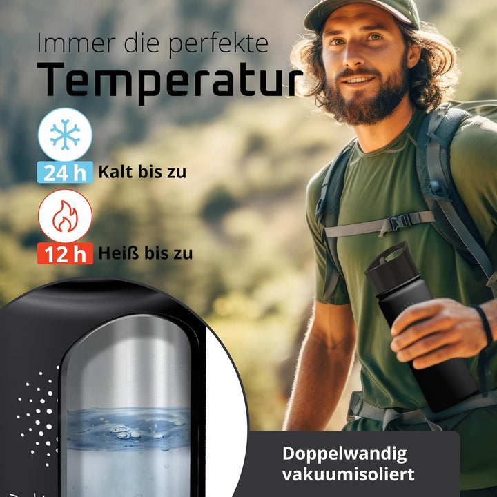 Trinkflasche Edelstahl ACTIVE FLASK + Strohhalm (3 Deckel) BPA-frei, Auslaufsicher, Kohlensäure geei