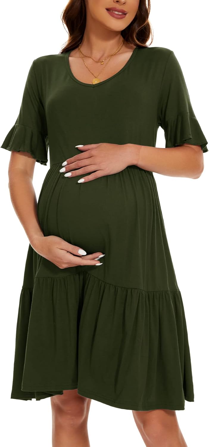Smallshow Damen Umstandskleid Kurzarm Sommer Schwangerschafts Umstandsmode Kleid M Armeegrün, M Arme
