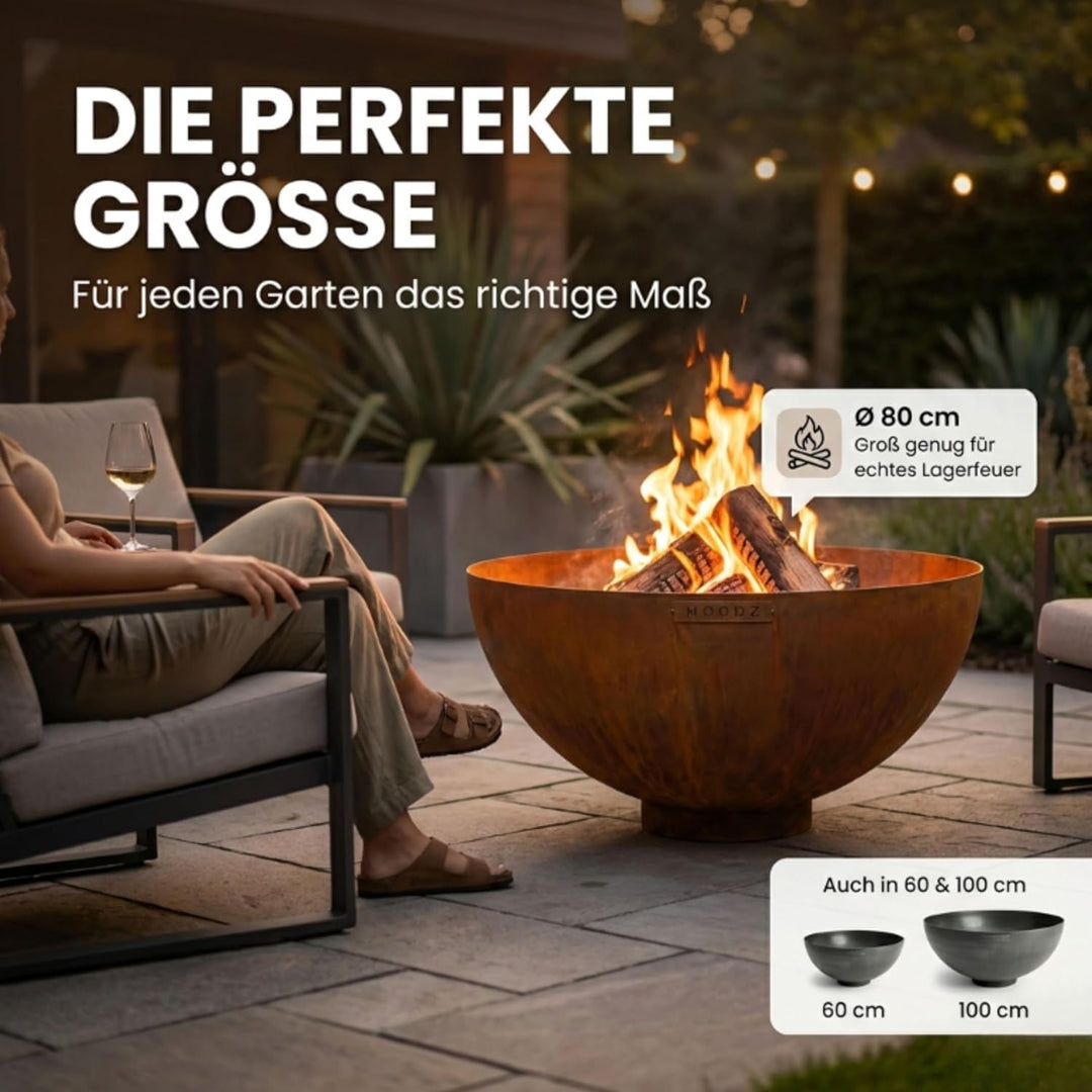 MOODZ Feuerstelle Dome – Hochwertige Feuerschale 80 cm aus 3mm Cortenstahl – Robuste Gartenfeuerstel