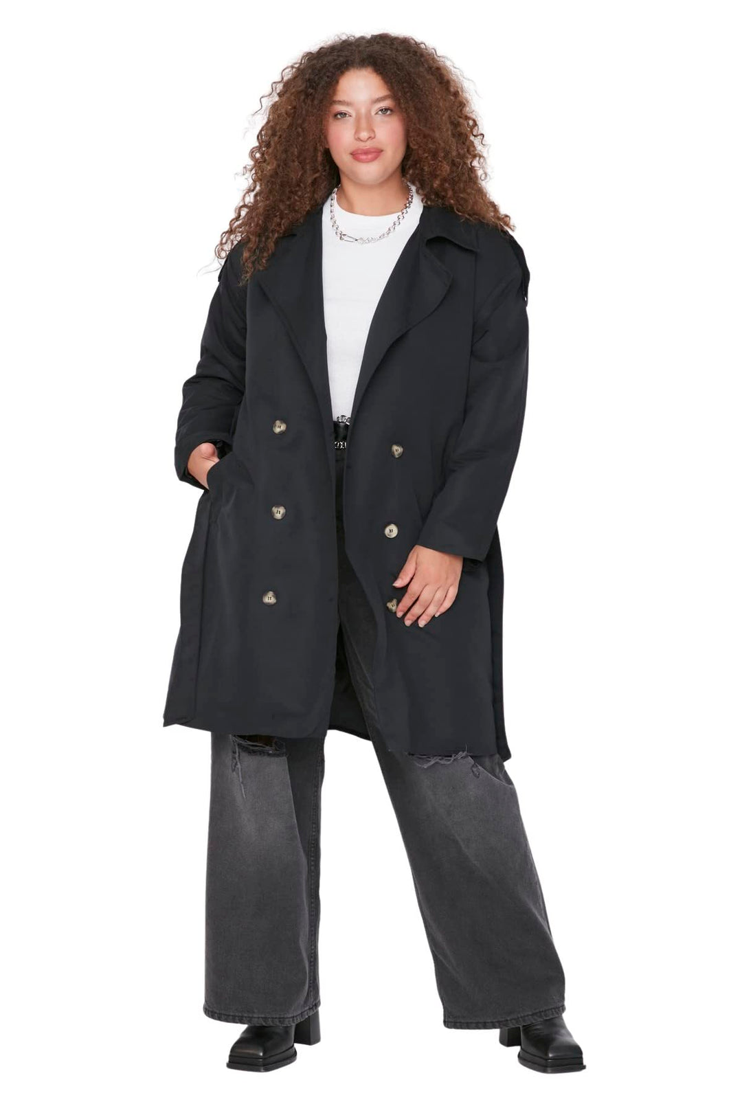 TRENDYOL Damen Wickelform Zweireihig Plain Webstoff Grössen in Trenchcoat Coat 44 Grosse Grössen Sch