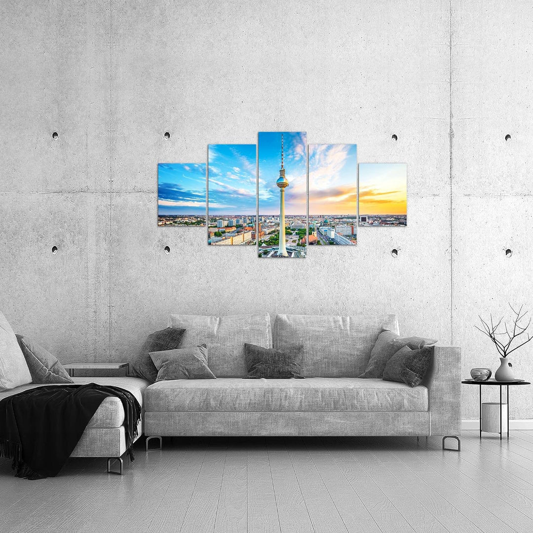 Runa Art Bild Wohnzimmer Büro Berlin Fernsehturm 5 Teilig Städte Blau Bunt Wandbilder auf Vlies Lein