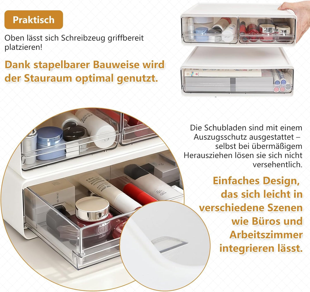 Schubladenbox Schreibtisch mit 3-Schubladen: 2 Stück Büro Organizer mit Schubladen Gross, Stapelbar