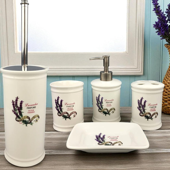 GMMH Landhaus Vintage BADSET Lavendel Badezimmer ZUBEHÖR Set SEIFENSPENDER WC BÜRSTE Keramik (5 er S