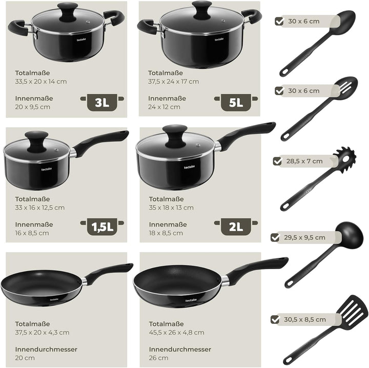 tectake® 15tlg Set mit 5x Küchenhelfer, 2x Pfanne, 4x Topf, jeweils mit Deckel, Kochtopf Set Antihaf